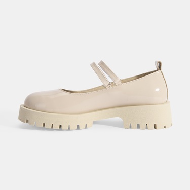  Kadın Krem Mary Jane Cırt Detaylı Deri Babet