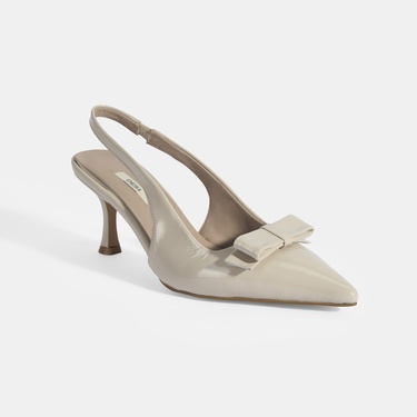  Kadın Krem Fiyonk Detaylı Rugan Topuklu Klasik Ayakkabı