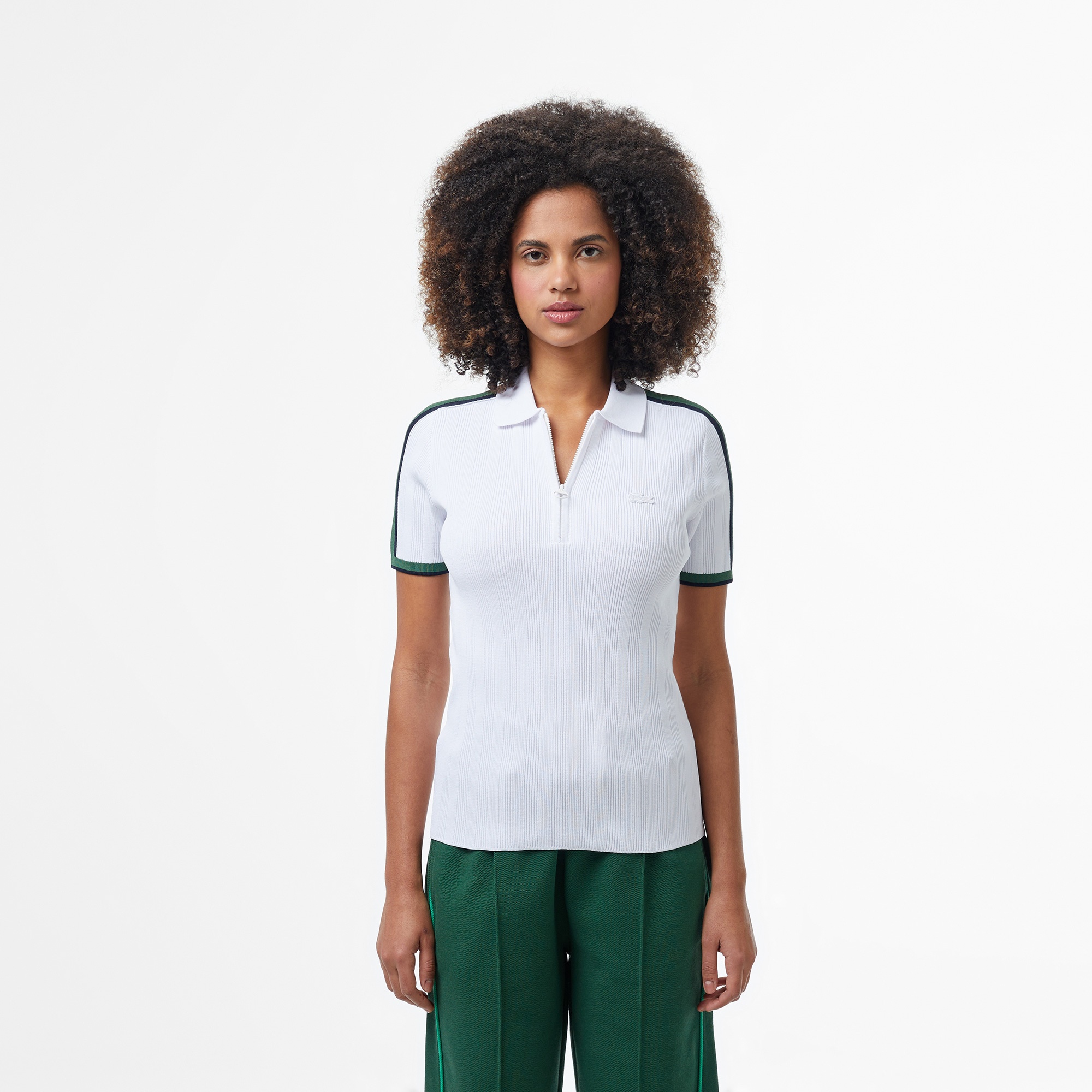 Lacoste Kadın Slim Fit Kısa Kollu Yarım Fermuarlı Beyaz Triko