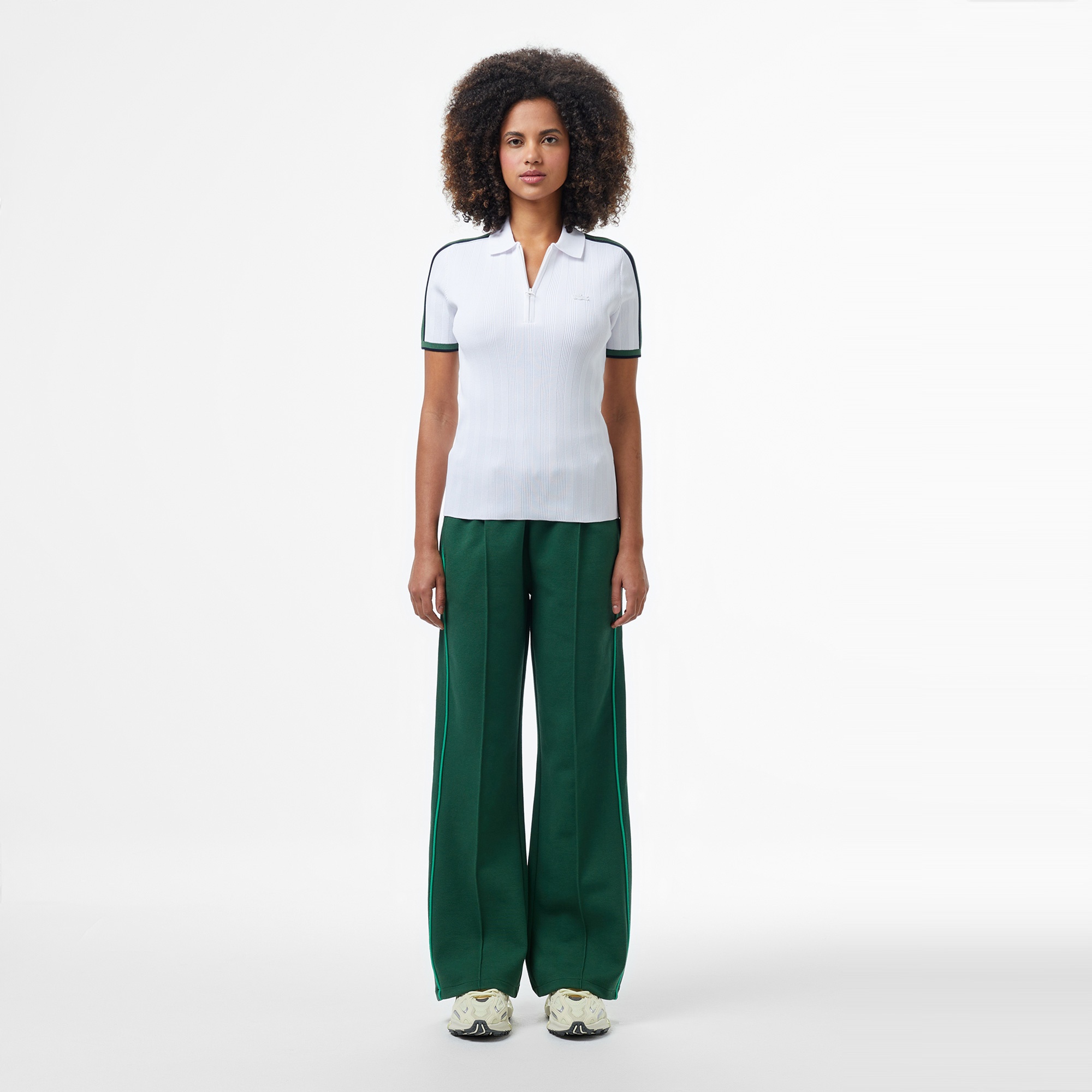 Lacoste Kadın Slim Fit Kısa Kollu Yarım Fermuarlı Beyaz Triko