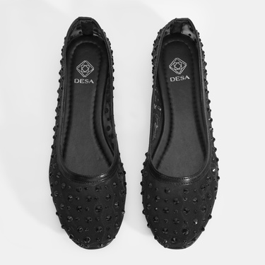  Kadın Siyah Taş Detaylı Fileli Babet