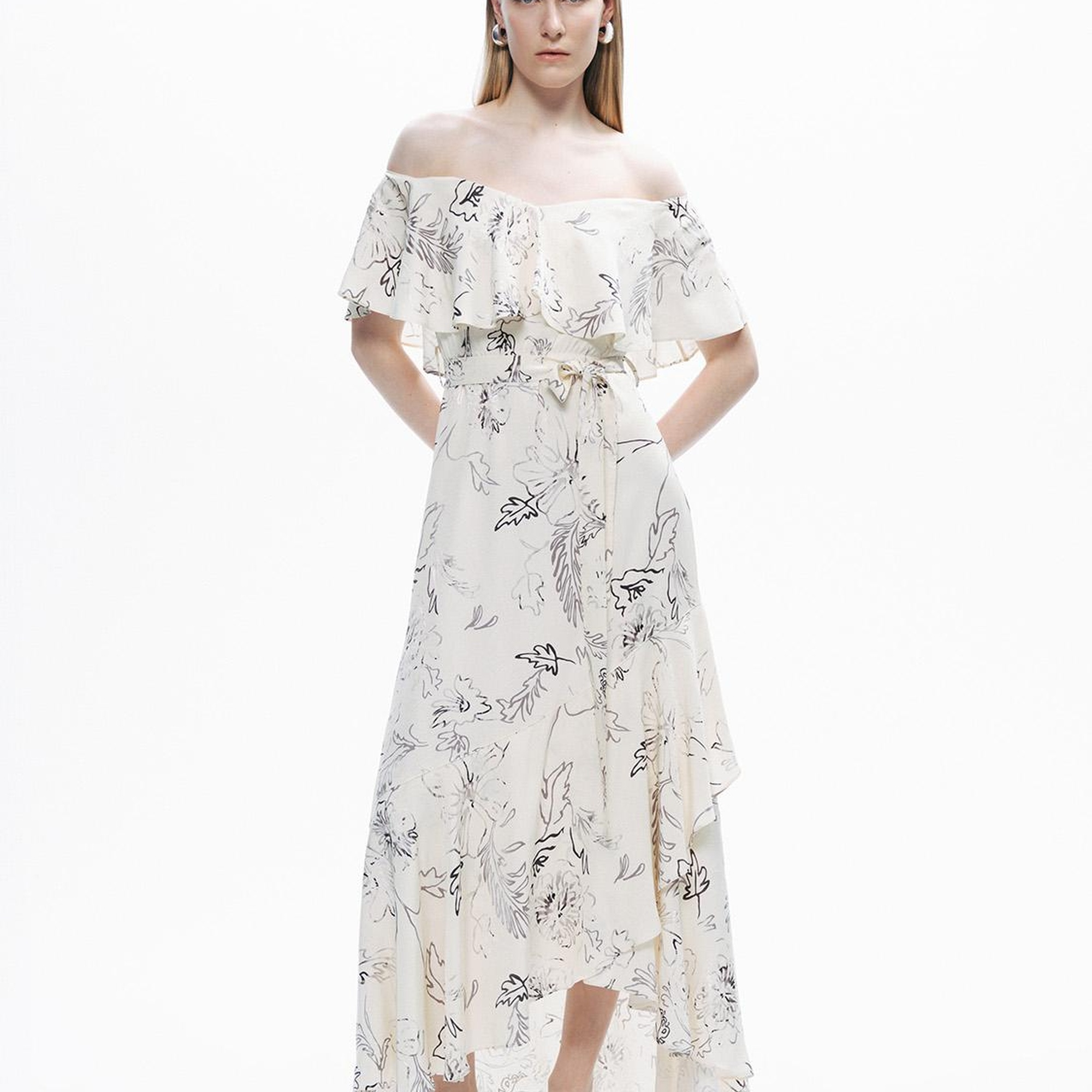 Volanlı Desenli Maxi Elbise