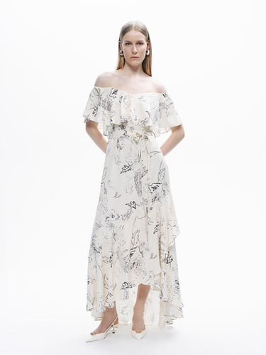  Volanlı Desenli Maxi Elbise