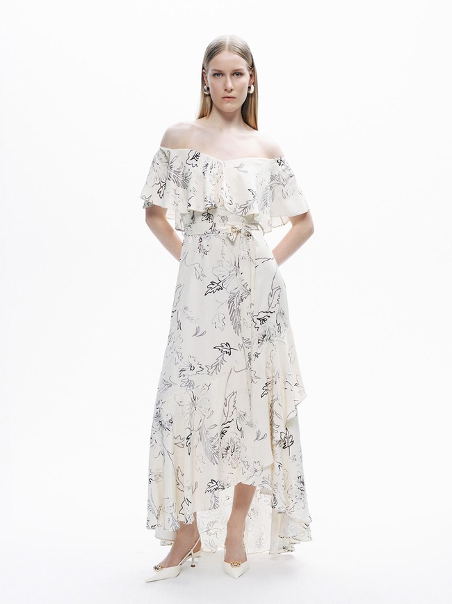  Volanlı Desenli Maxi Elbise