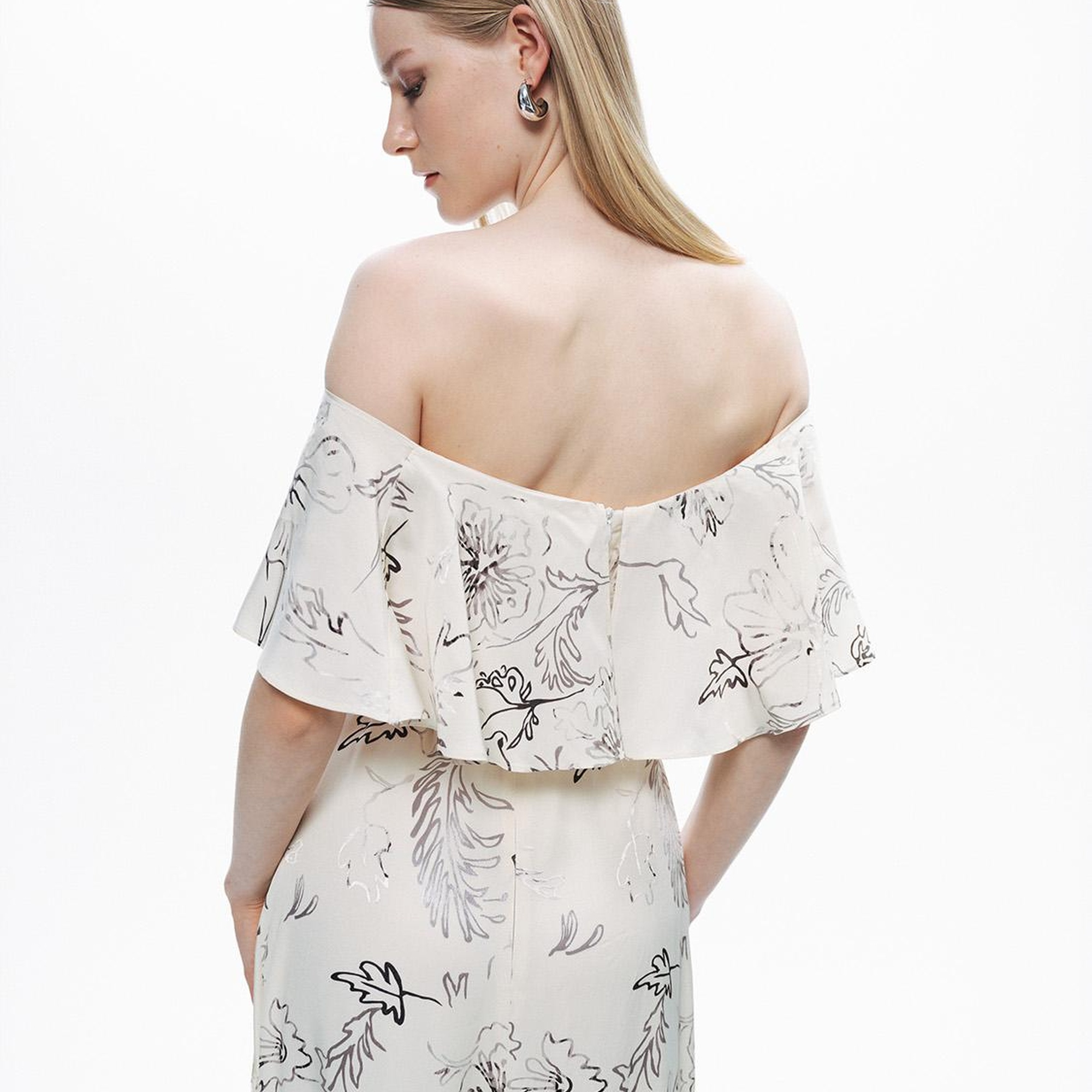 Volanlı Desenli Maxi Elbise