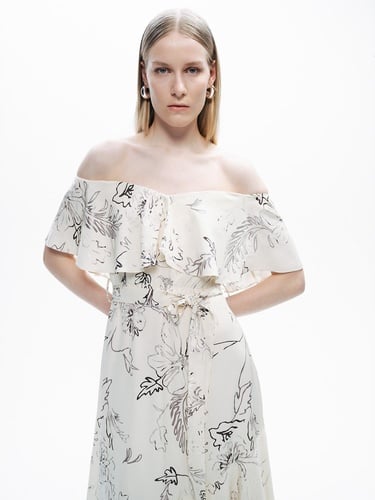  Volanlı Desenli Maxi Elbise