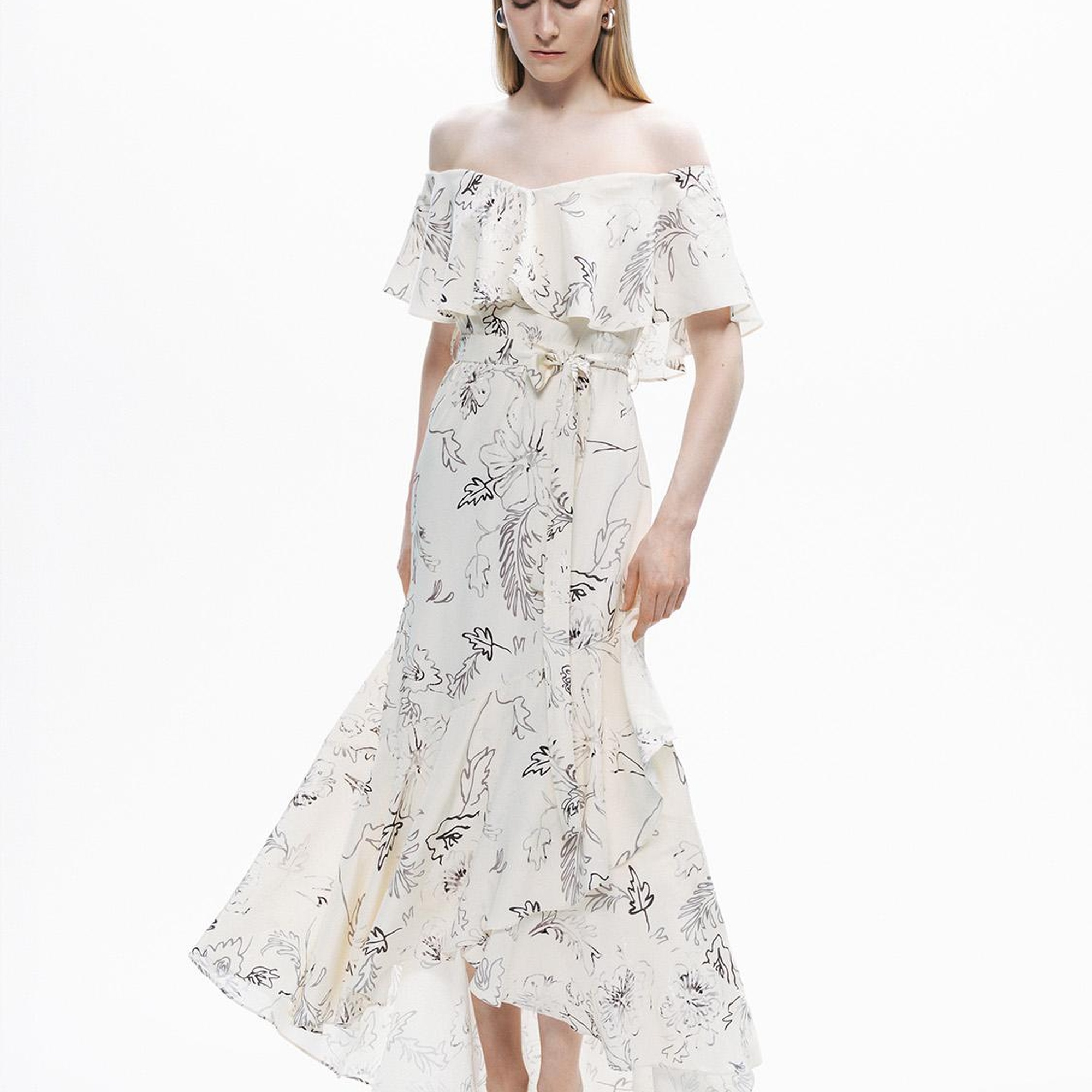 Volanlı Desenli Maxi Elbise