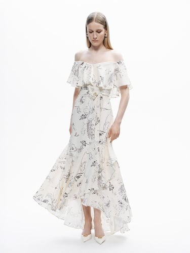  Volanlı Desenli Maxi Elbise