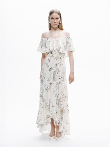  Volanlı Desenli Maxi Elbise