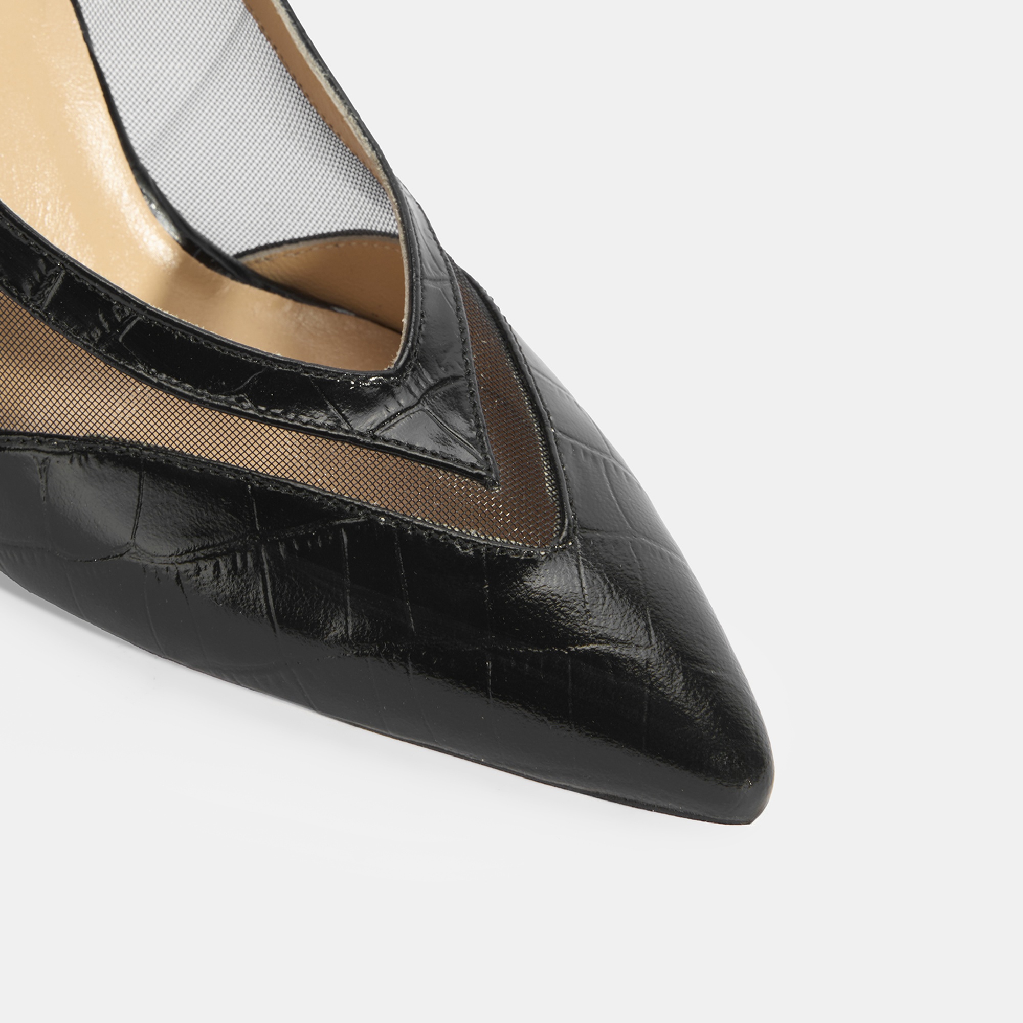 Kadın Siyah Kroko Desenli Fileli Abiye Topuklu Ayakkabı