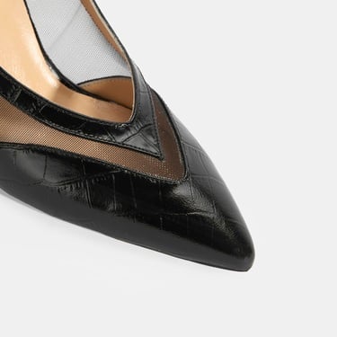  Kadın Siyah Kroko Desenli Fileli Abiye Topuklu Ayakkabı