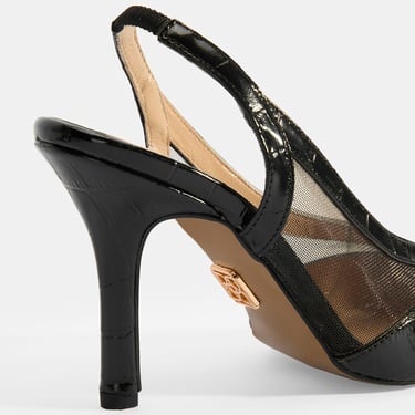  Kadın Siyah Kroko Desenli Fileli Abiye Topuklu Ayakkabı