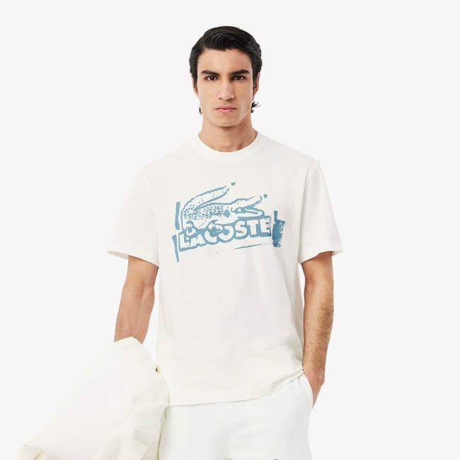  Lacoste Erkek Classic Fit Bisiklet Yaka Baskılı Bej T-Shirt