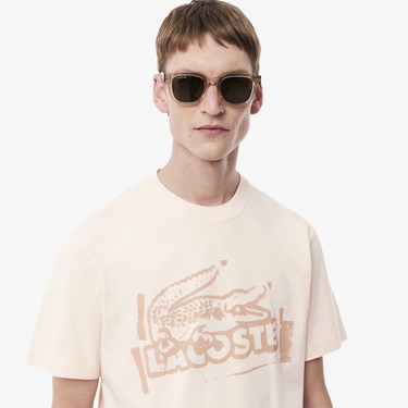  Lacoste Erkek Classic Fit Bisiklet Yaka Baskılı Bej T-Shirt