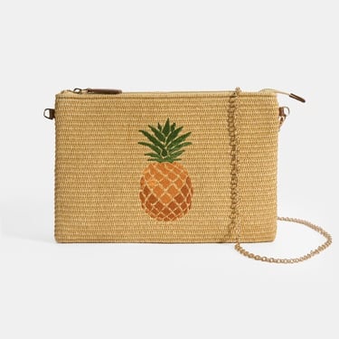  Kadın Taba Ananas Nakışlı Hasır Clutch