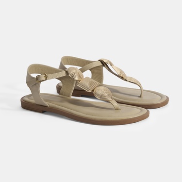  Kadın Krem Ayarlanabilir Tokalı Deri Sandalet