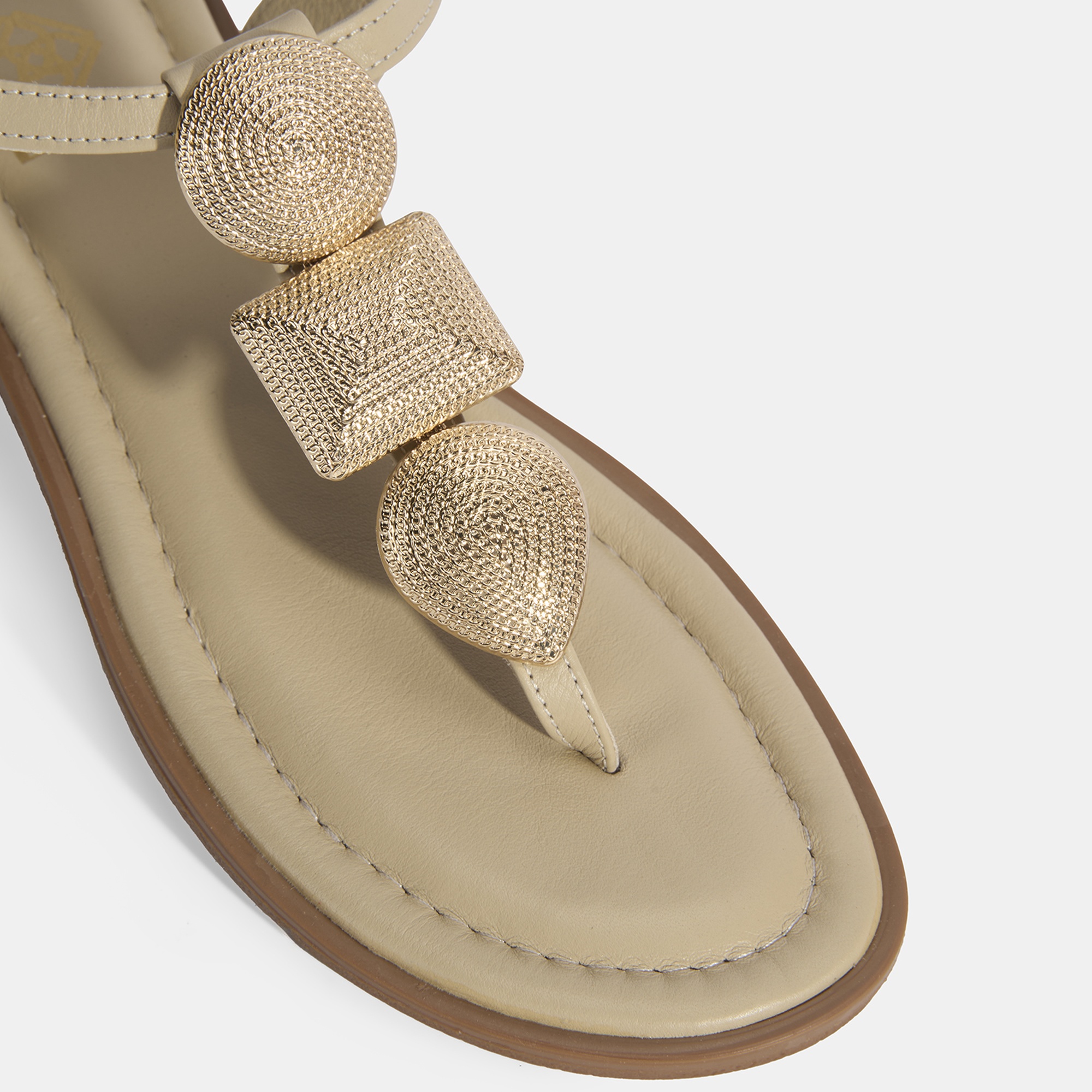 Kadın Krem Ayarlanabilir Tokalı Deri Sandalet