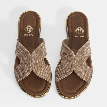  Kadın Altın Taş Detaylı Deri Terlik