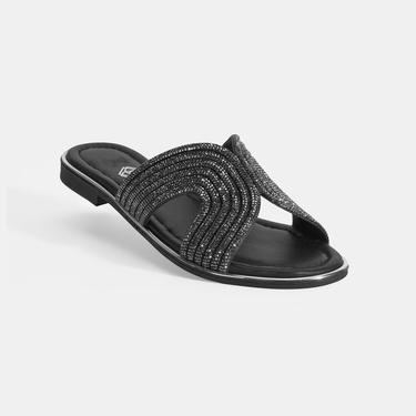  Kadın Siyah Taş Detaylı Deri Terlik