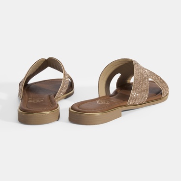  Kadın Altın Taş Detaylı Deri Terlik