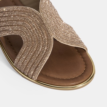  Kadın Altın Taş Detaylı Deri Terlik