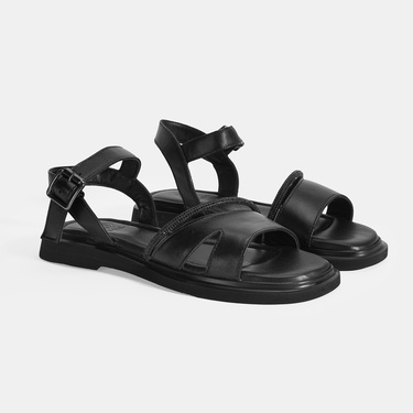  Kadın Siyah Ayarlanabilir Tokalı Taş Detaylı Deri Sandalet