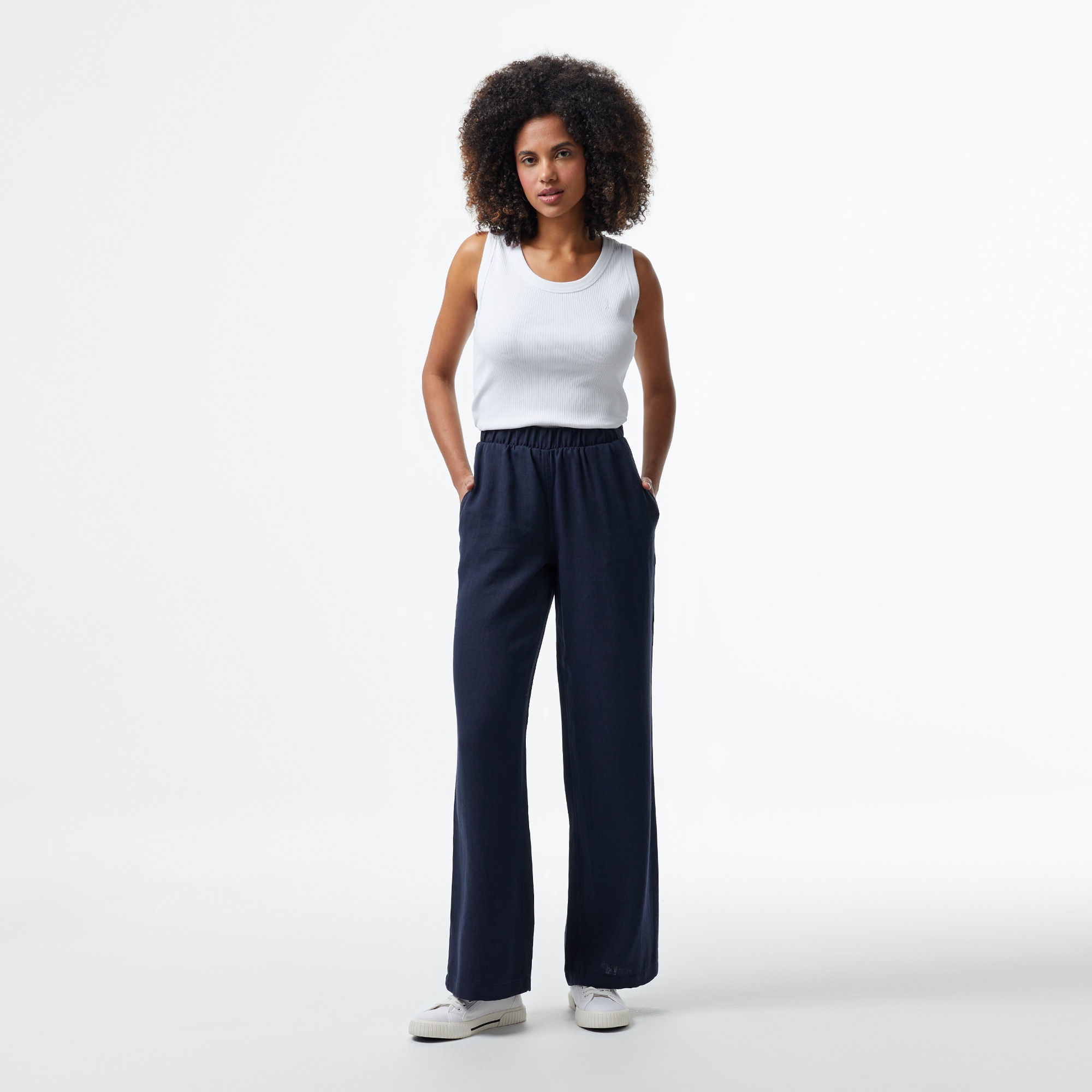 Nautica Kadın Lacivert Regular Fit Keten Karışımlı Pantolon