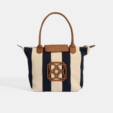  Kadın Monogram Logolu Lacivert Çizgili Kumaş Midi Omuz Çantası