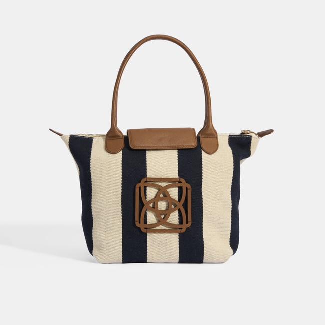  Kadın Monogram Logolu Lacivert Çizgili Kumaş Midi Omuz Çantası