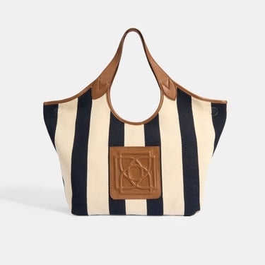  Kadın Monogram Logolu Lacivert Çizgili Kumaş Omuz Çantası