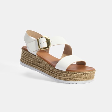  Kadın Beyaz Ayarlanabilir Tokalı Dolgu Topuklu Deri Sandalet