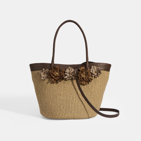  Kadın Kahve Çiçek Detaylı Hasır Omuz Çantası