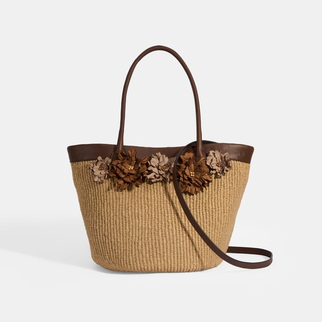  Kadın Kahve Çiçek Detaylı Hasır Omuz Çantası
