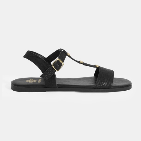  Kadın Siyah Ayarlanabilir Tokalı Deri Sandalet