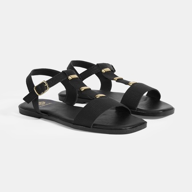  Kadın Siyah Ayarlanabilir Tokalı Deri Sandalet