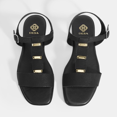  Kadın Siyah Ayarlanabilir Tokalı Deri Sandalet