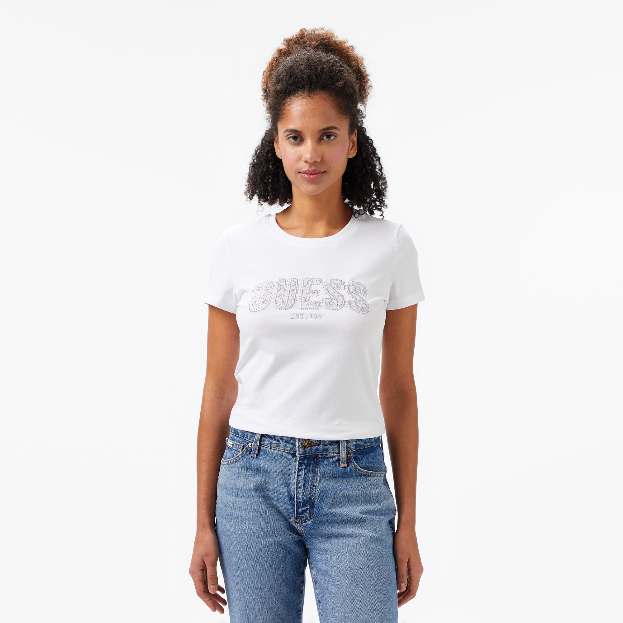 Guess Logo Kadın Beyaz T-Shirt