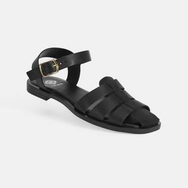  Kadın Siyah Ayarlanabilir Tokalı Deri Sandalet