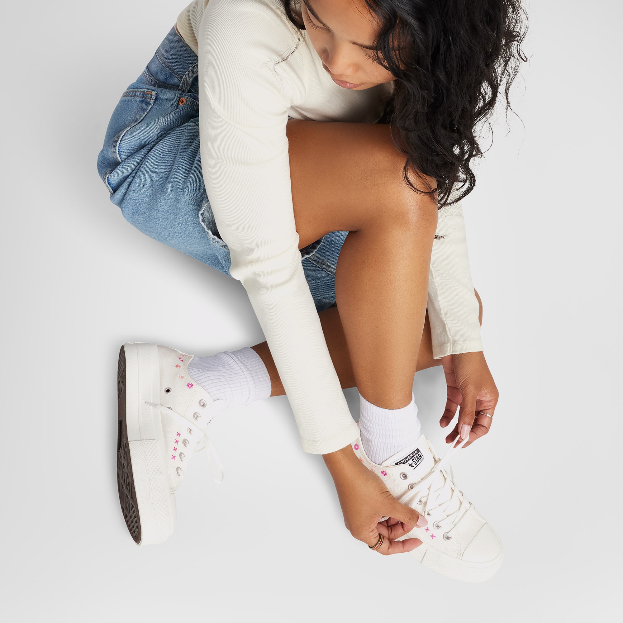 Convese Chuck Taylor All Star Lift Floral Embroıdery Low Top Unisex Krem Sneaker