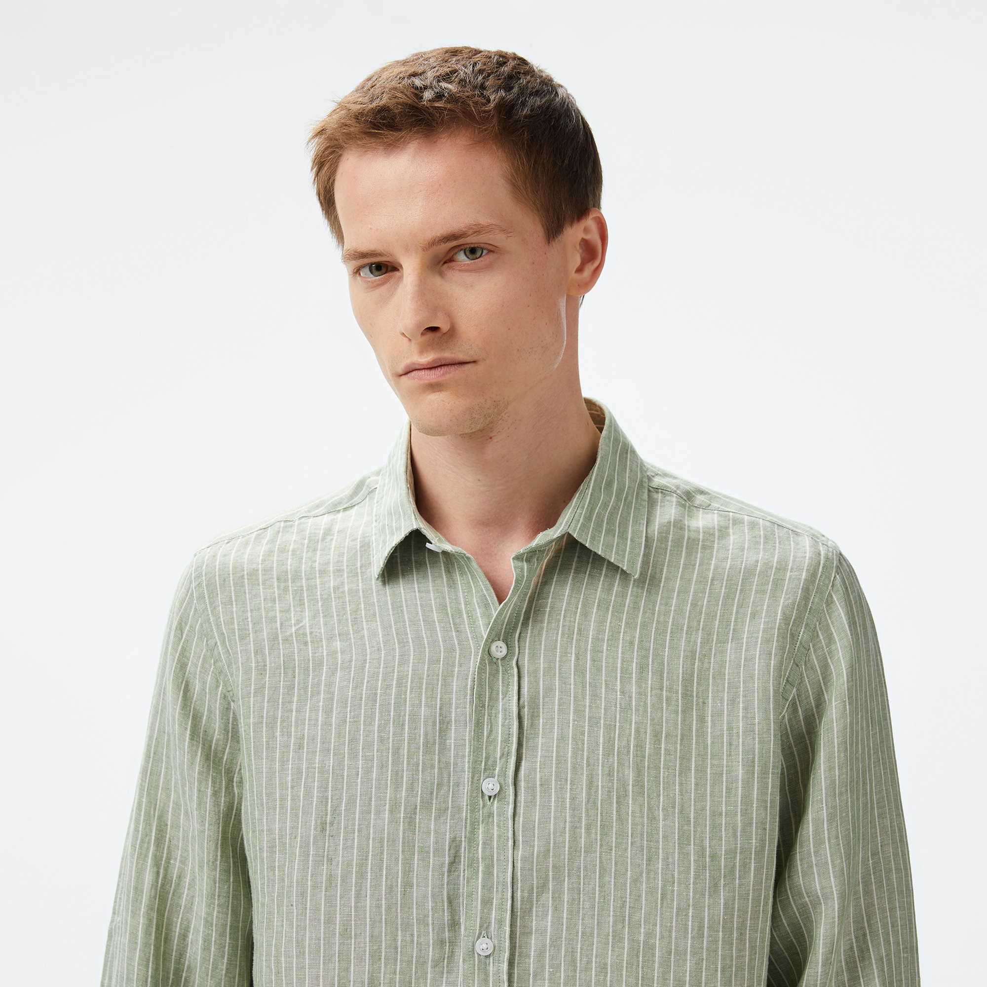 Nautica Erkek Yeşil Classic Fit Çizgili Keten Gömlek