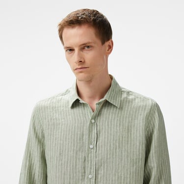  Nautica Erkek Yeşil Classic Fit Çizgili Keten Gömlek