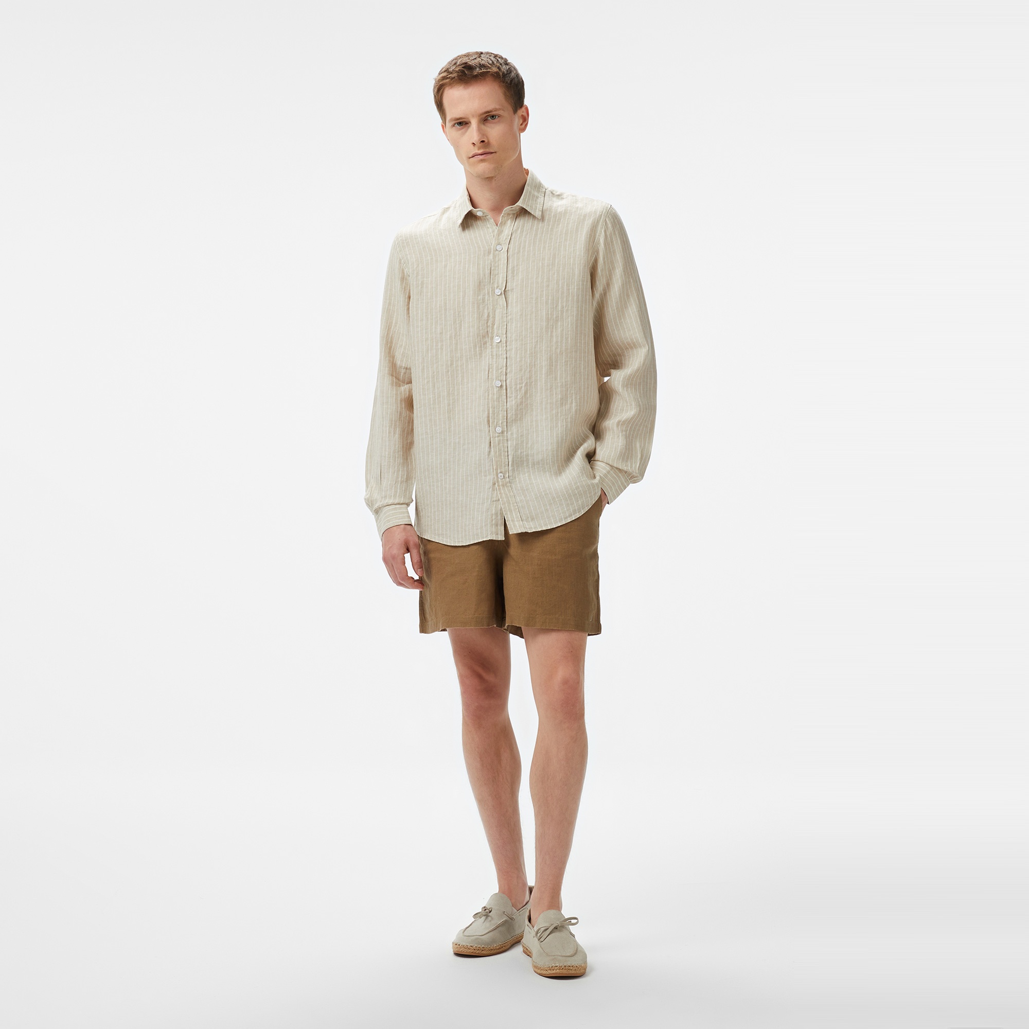 Nautica Erkek Bej Classic Fit Çizgili Keten Gömlek