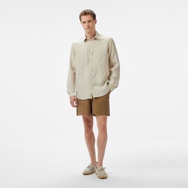  Nautica Erkek Bej Classic Fit Çizgili Keten Gömlek