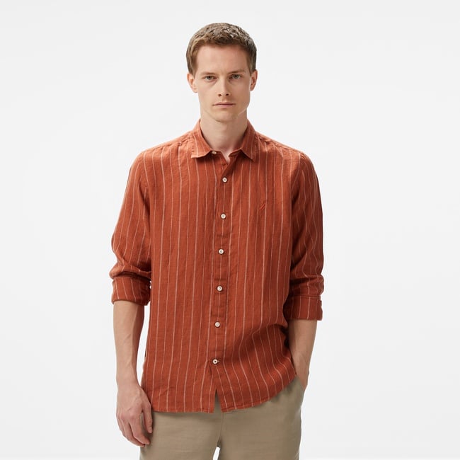  Nautica Erkek Kırmızı Classic Fit Çizgili Keten Gömlek