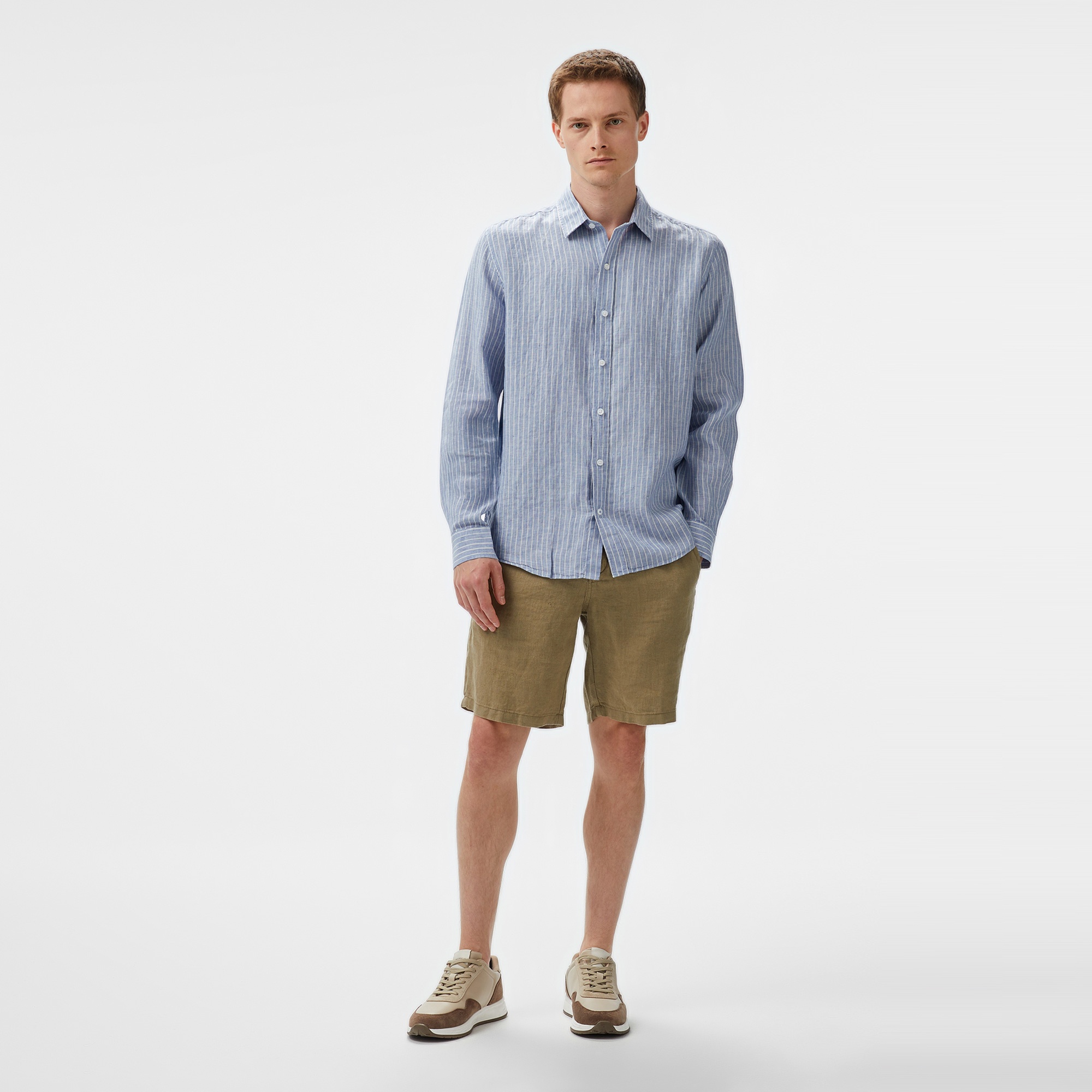 Nautica Erkek Mavi Classic Fit Çizgili Keten Gömlek