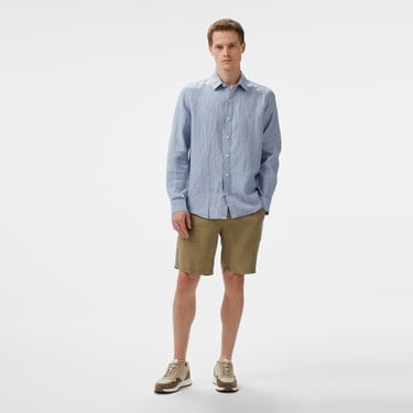  Nautica Erkek Mavi Classic Fit Çizgili Keten Gömlek