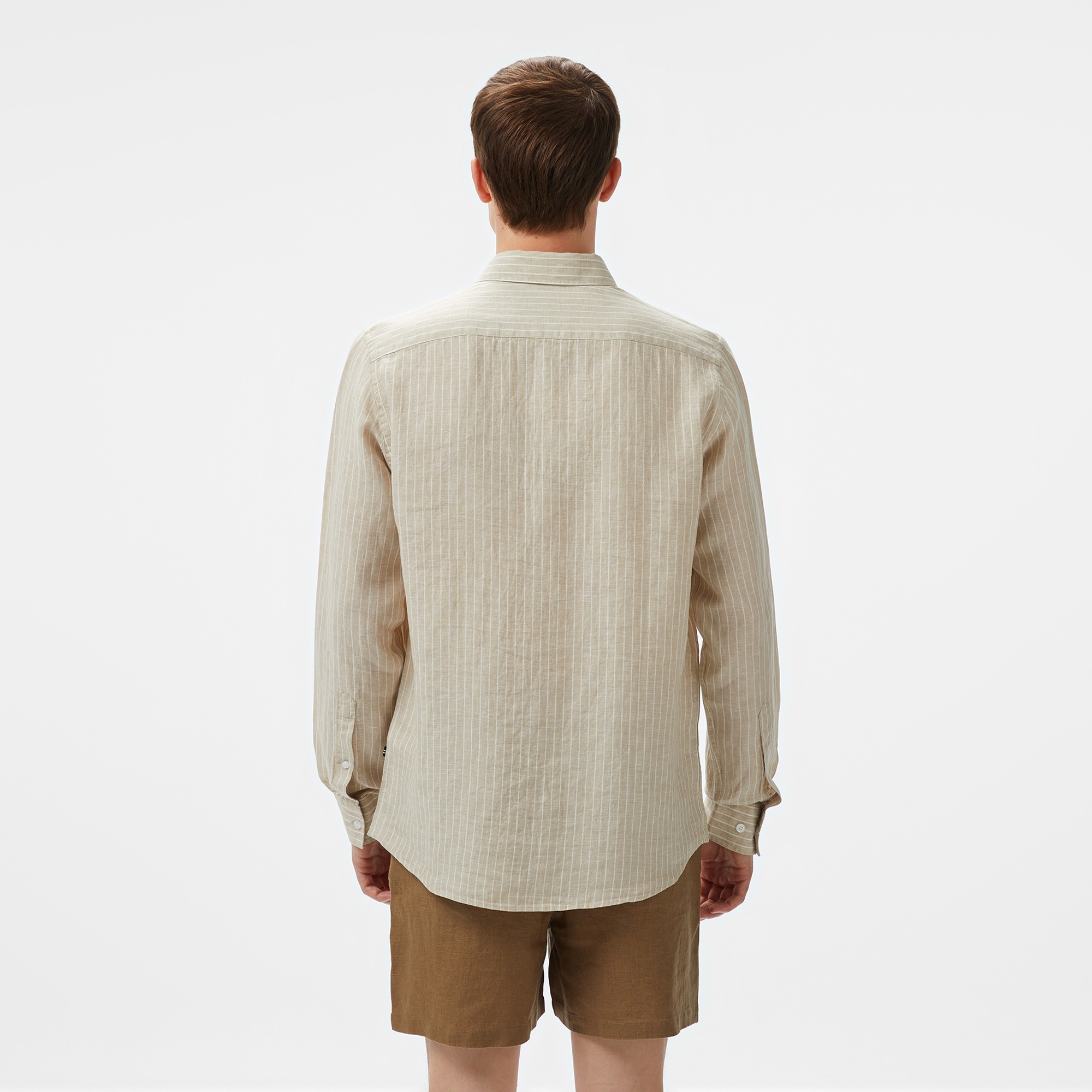 Nautica Erkek Bej Classic Fit Çizgili Keten Gömlek