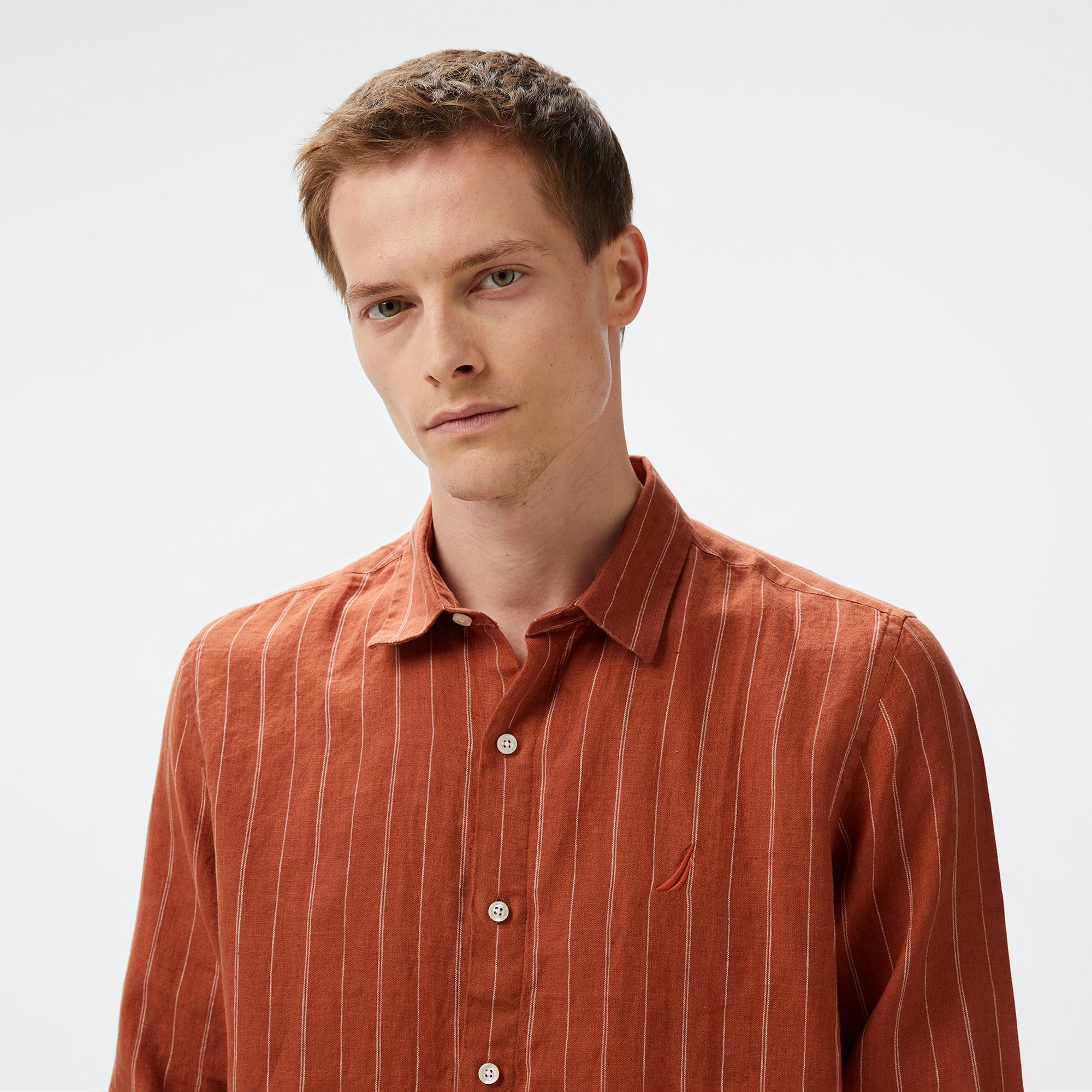 Nautica Erkek Kırmızı Classic Fit Çizgili Keten Gömlek