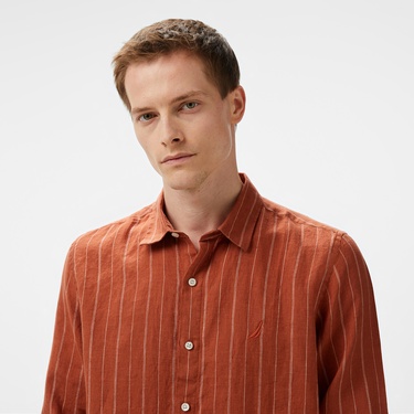  Nautica Erkek Kırmızı Classic Fit Çizgili Keten Gömlek