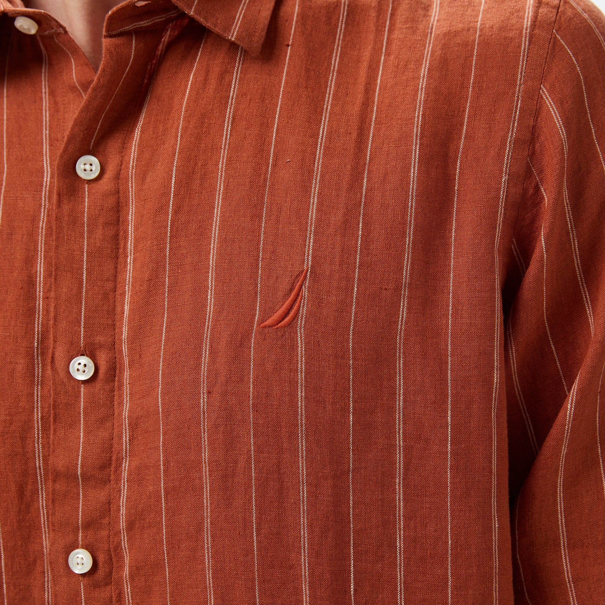 Nautica Erkek Kırmızı Classic Fit Çizgili Keten Gömlek